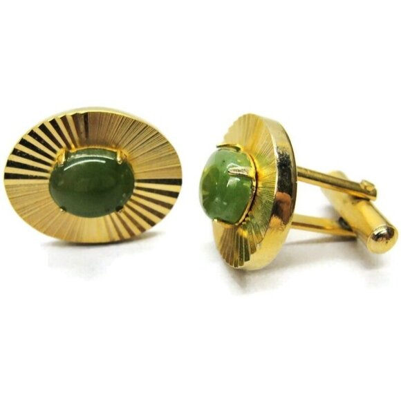 Oval Jade Cufflinks Gold Tone Cabochon Tux Shirt Dress Suit Vintage - Picture 1 of 5